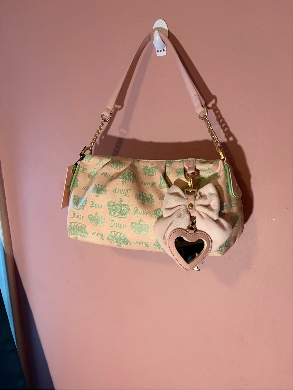 Juicy Couture Pink and Green Logo Shoulder Bag with Heart Mirror Charm